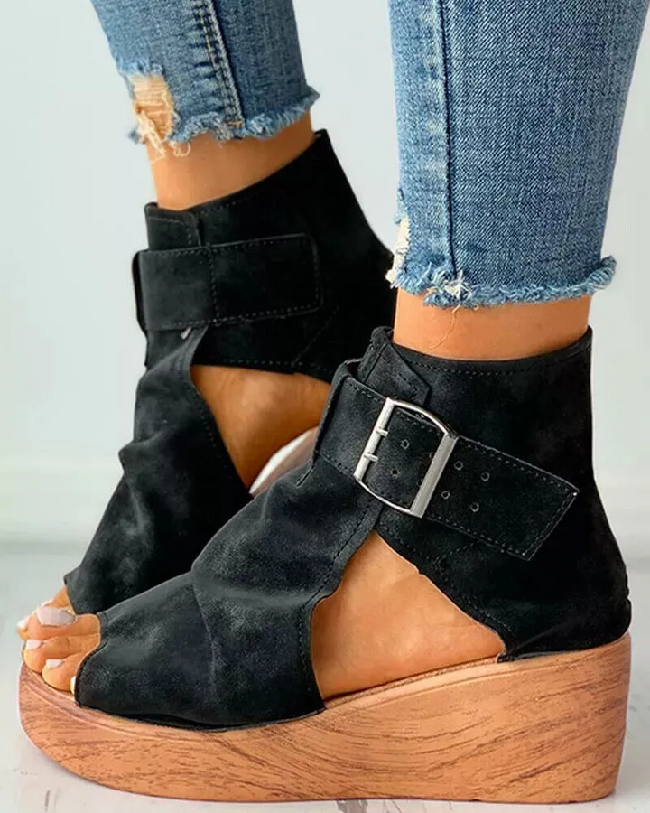 Marlyn - Women's open-toe wedge sandals with a retro-style buckle