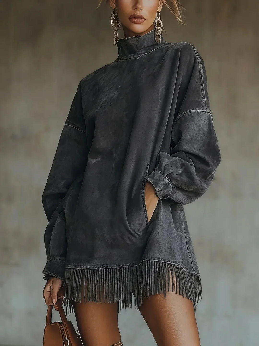 Jennifer™ | High-neck Fringed Hem Dress