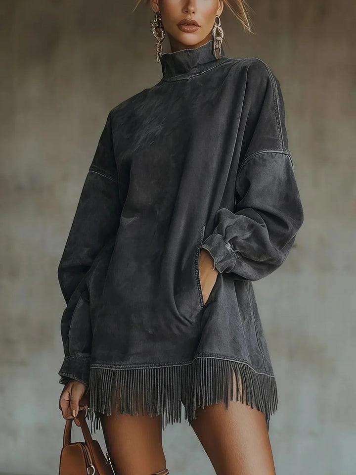 Jennifer™ | High-neck Fringed Hem Dress