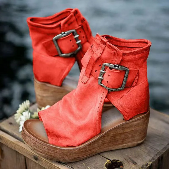 Marlyn - Women's open-toe wedge sandals with a retro-style buckle